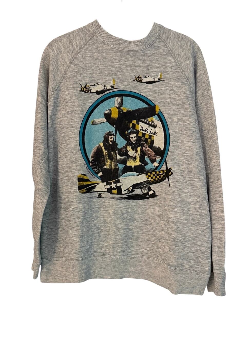 Vintage Style Aviation Graphic Sweatshirt Double Trouble Pilot Plane USA M/L